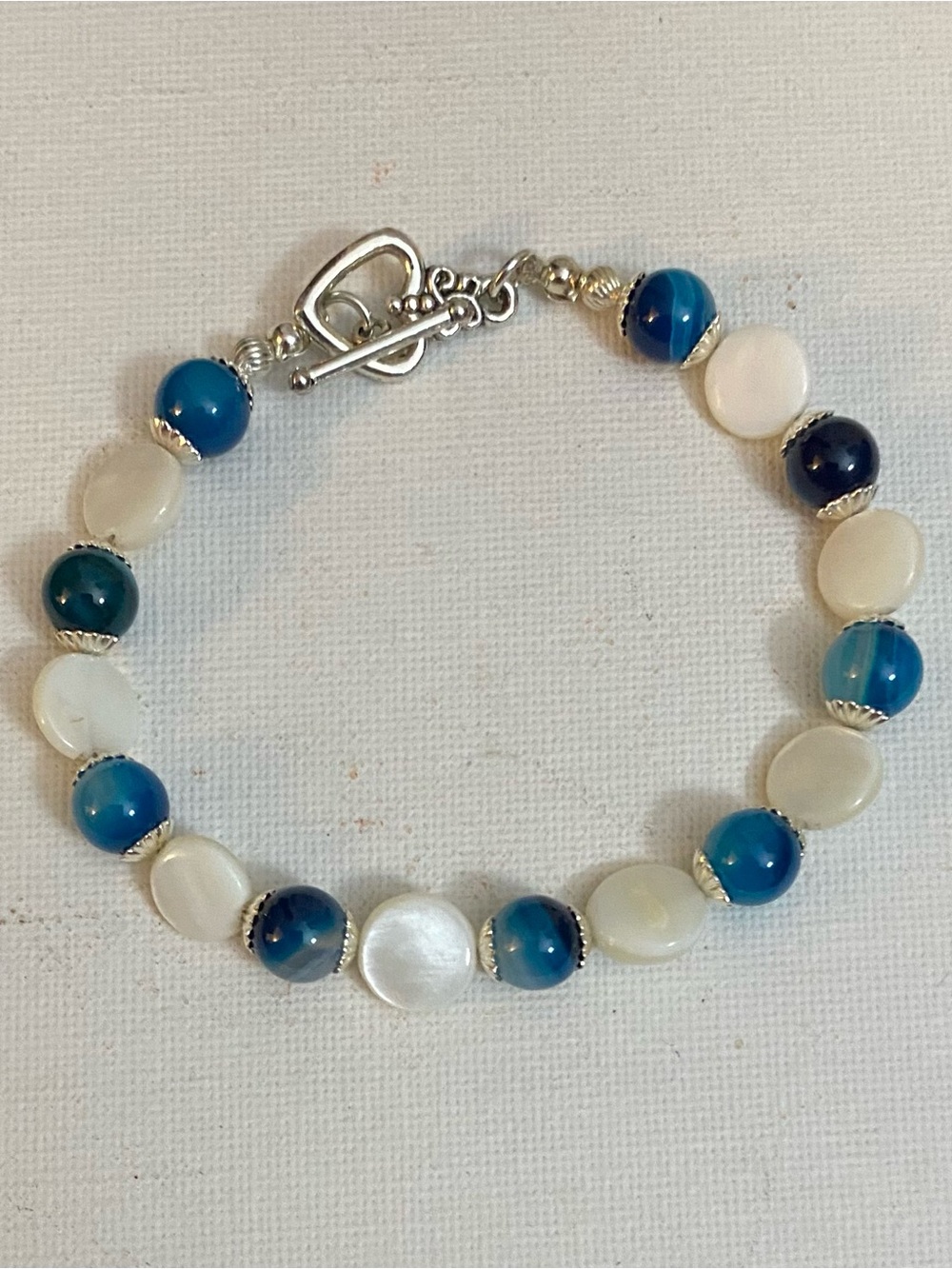 Handcrafted Blue Agate and White Mother of Pearl bracelet and Drop Earrings